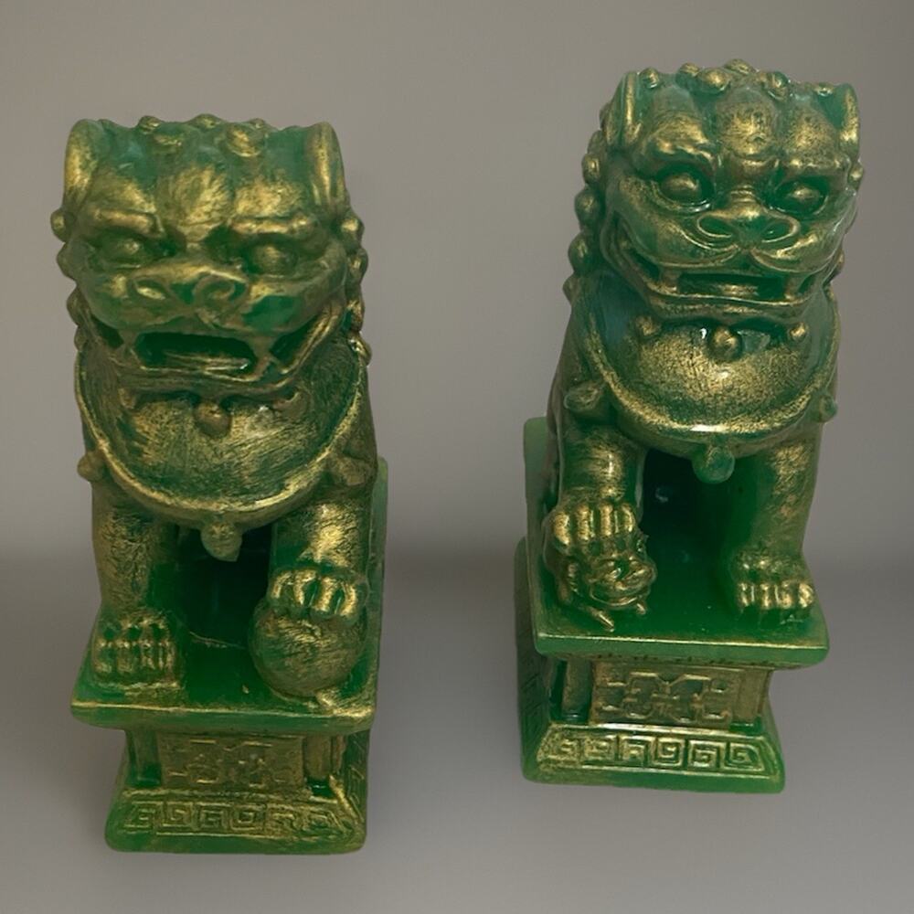 Small Faux Metallic Jade Green Resin Foo Dog Guardian Statue Pair 4” Tall